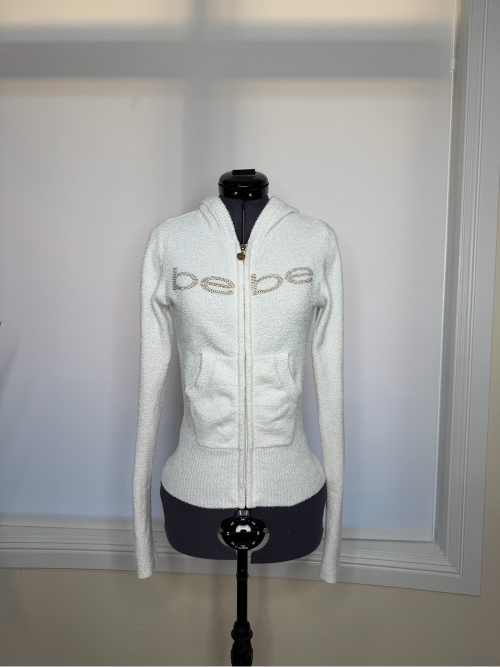 bebe Off White Hooded Zip-Up Knit Sweater